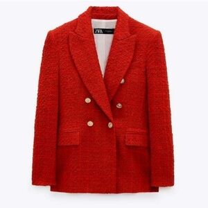 Zara Women's Red Double-Breasted tweed blazer Jacket